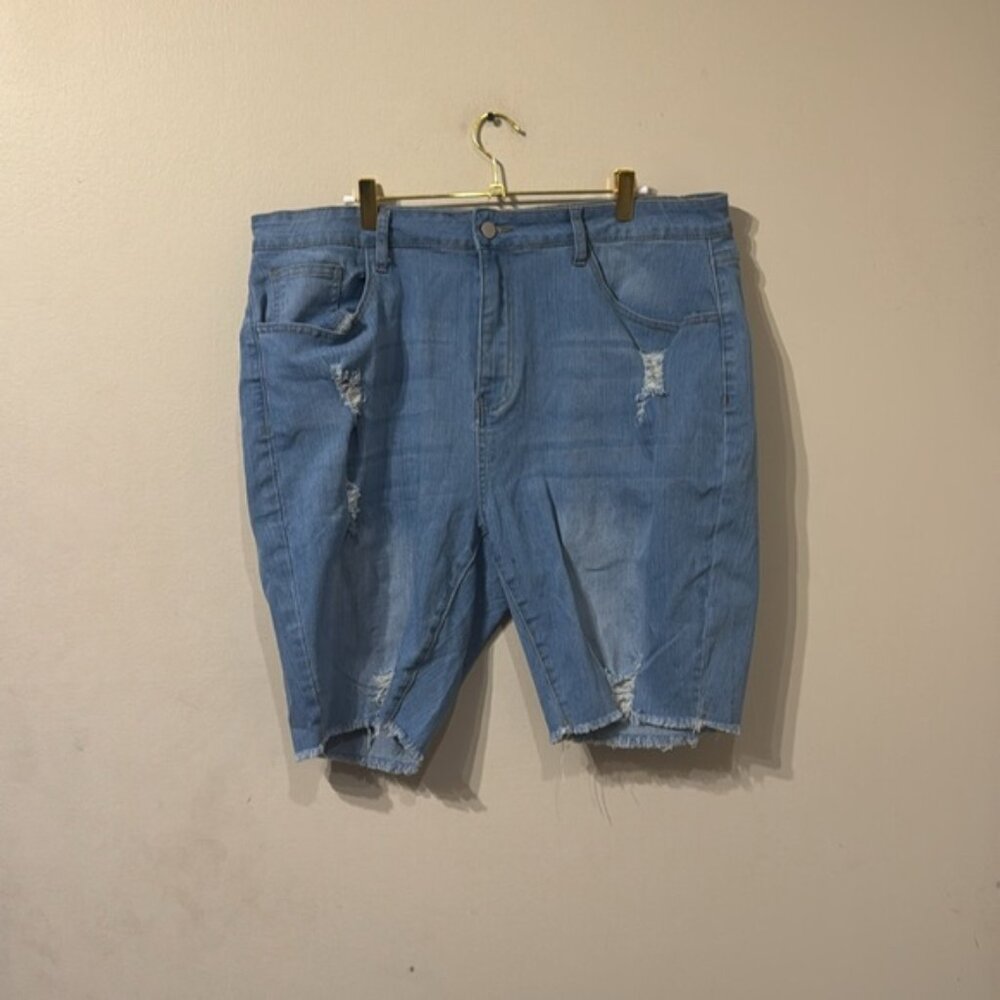 SHEIN Curve Blue Denim Shorts 3XL Plus Size Bermuda Length Light Wash Distressed